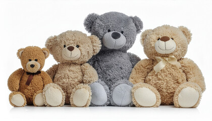 Cztery pluszowe misie na białym tle.