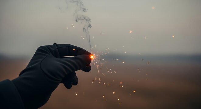 A gloved hand holds a smoking sparkler in a dark landscape