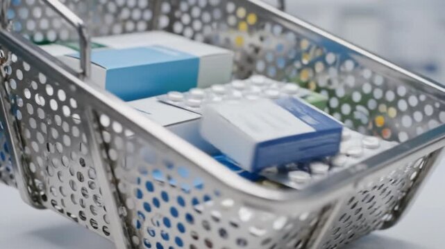 Vital pharmaceutical products and essential medical supplies organized in a perforated metal basket, symbolizing modern healthcare and wellness