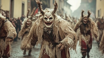 Fototapeta premium carnival masks, people dressed as demons in a street