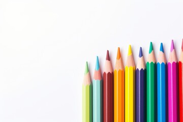 Fototapeta premium Colored pencils lined up, forming a colorful spectrum on a white background