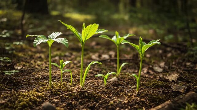 Young Green Plants Growing in Forest Soil.