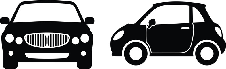 Black and white car silhouettes &mdash; front and side view cartoon icons for automotive design, transport visuals, and minimalist illustration sets