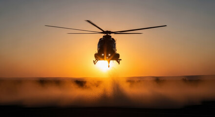 Helicopter flying low over misty landscape at sunset with sun flare