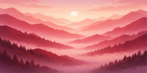 A misty morning sunrise and golden sunset illuminate the snow-capped mountain peaks and forest valley as clouds drift over the horizon of this beautiful nature landscape © sabrina