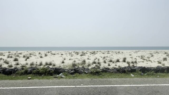 View of a ruined island from the moving car