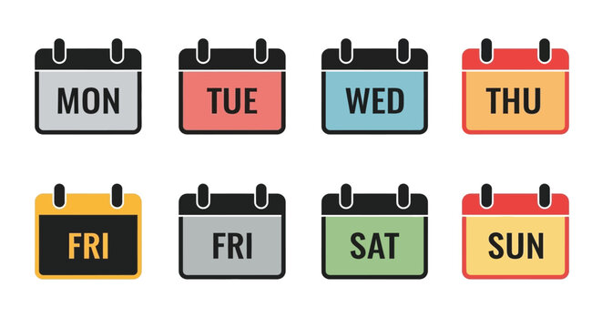Colorful calendar icons representing days of the week monday through sunday