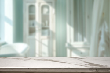 Empty marble top table with blurred bathroom interior Background. for product display