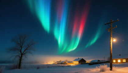A mesmerizing winter landscape under the cover of night. The Northern Lights, in the form of bright, shimmering streaks of light, occupy most of the sky.