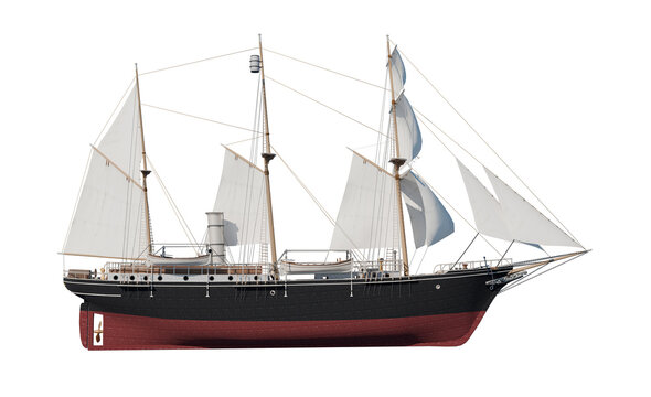 Side view historic polar exploration ship handcrafted interpretation of Endurance 3D render based on historical data no background transparent