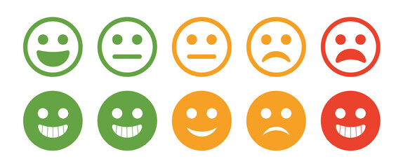 Emoji Rating Scale Vector Illustration With Happy And Sad Expressions, Customer Feedback, Satisfaction Survey, And Mood Indicator Design Concept.