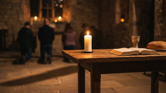 Candle illuminating kneeling worshippers during Maundy Thursday service  