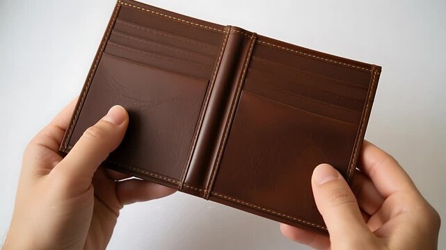 Hands holding open empty brown leather wallet isolated on white background
