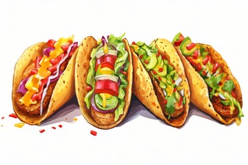 Row of colorful tacos filled with meat, cheese, lettuce, and salsa