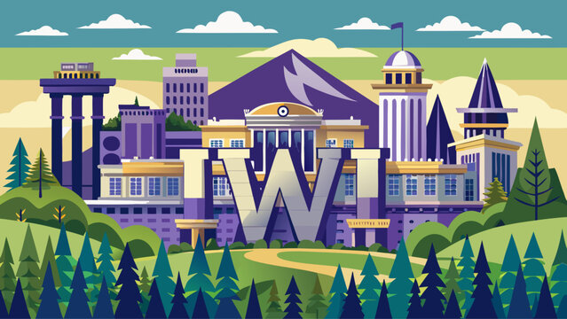 Very beautiful University of Washington &lsquo;W&rsquo; logo in Seattle, WA, USA, captured on June 15, 2023, representing the public research university&rsquo;s iconic symbol on campus.