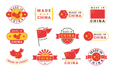 A set of Made in China labels that include symbols such as flags, maps, and icons to highlight the country of origin.