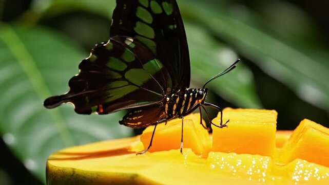 A vibrant butterfly with green and black wings feeds on a fresh mango slice