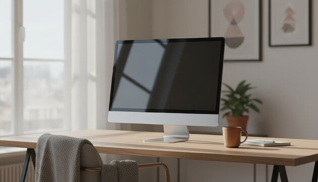 Modern desktop computer on wooden desk in bright home office workspace