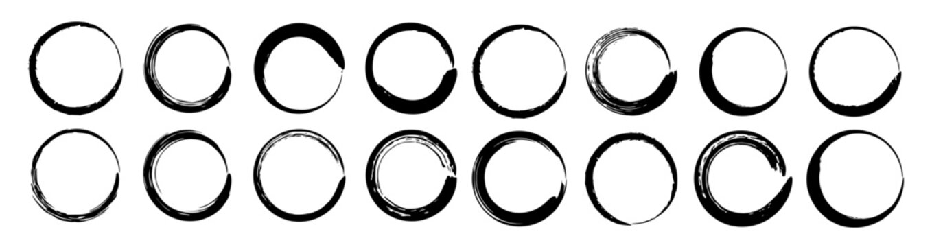 Chinese brush stroke circles. Japanese calligraphy ink strokes bg. Zen enso rings. Watercolor grunge texture. Oriental aesthetic hand-drawn elements for logo, frame or background. Grungy stroke frames