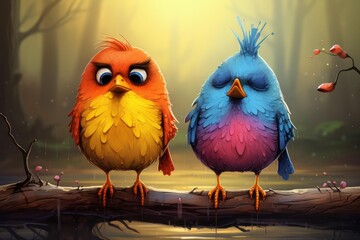 Obraz premium Two colorful cartoon birds are resting on a wet branch in a stylized rainy forest