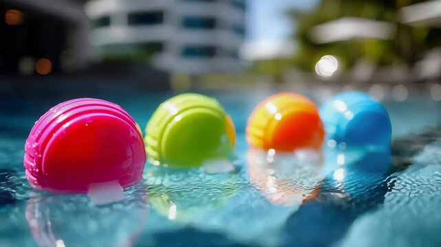 Colorful aqua aerobic balls floating in the pool water are a vibrant concept for summer sports games for swimming training and fun