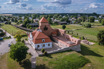 Aerial view of medieval castle in Liw, small village in Wegro County, Masovia region of Poland