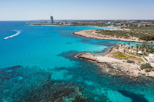 Area of Nissi Beach and Latchi Adams Beach in Ajia Napa resort in Cyprus island country