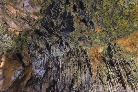 Wall and roof formations in Bacho Kiro cave in Bulgarka Nature Park near Dryanovo town, Bulgaria