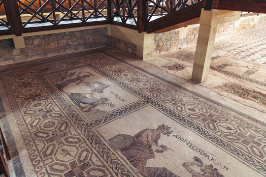 Mosaics on a floor of House of Dionysos, Archaeological Park of Paphos, Cyprus