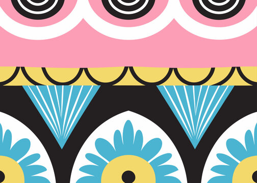 Vibrant abstract pattern featuring stylized floral motifs and geometric shapes in bold colors.