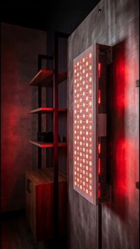 Red light therapy panel device emits infrared and near-infrared light, mounted on a wooden wall panel in a modern interior setting. Health and wellness. Vertical video made using Generative AI.