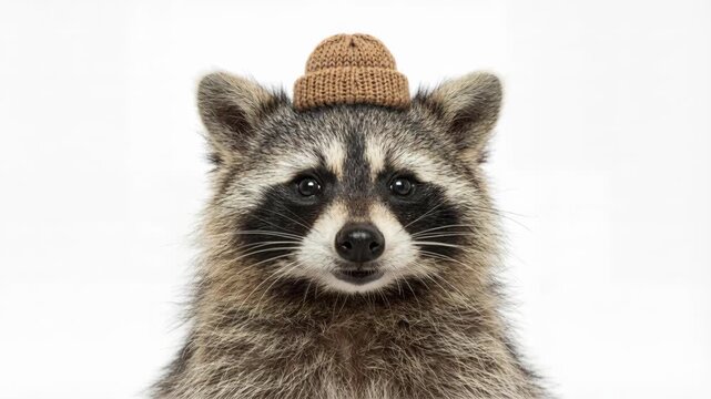 Raccoon portrait closeup studio playful baby raccoon wearing small knitted beanie hat, tongue out and smiling, cozy whimsical neutral expression