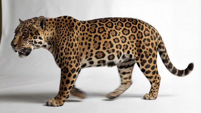 Leopard big feline cat walking spotted wildlife predator with graceful stride and focused gaze, golden spotted jaguar walking toward camera with