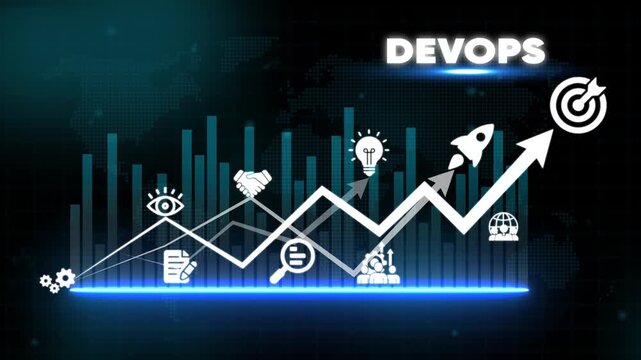 Dev Ops Concept with Growing Arrow and on Dark Background with Bar Chart devops business technology growth