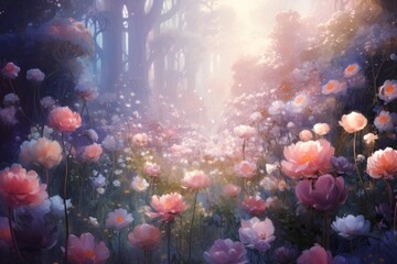 Obraz premium Delicate flowers blooming in soft pastel colors filling a magical forest scene with ethereal light