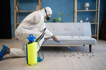 Exterminator from pest control service using spray and insecticide disinfecting at home, targeting...