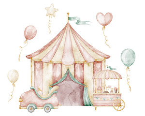 Fototapeta premium Watercolor Circus tent in soft pastel vintage style. Illustration of carnival element in fairground scene for nursery posters, childish party designs and nostalgic amusement park themes