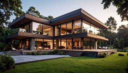 Obraz premium House made of natural materials like wood, stone, and clay. Semi-realistic scene emphasizing sustainability, harmony with nature, and eco-friendly living. 