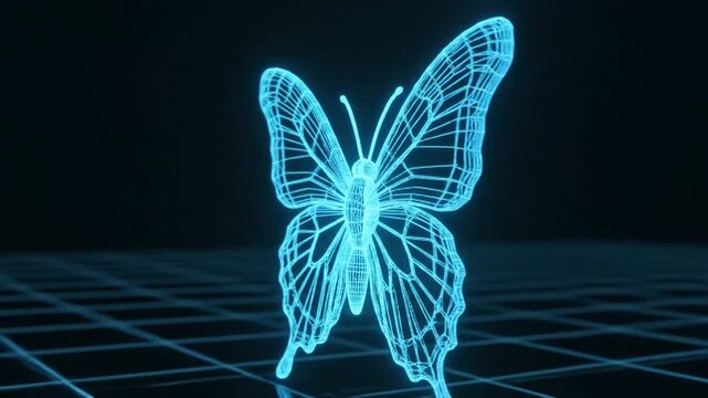 Glowing blue wireframe butterfly model hovering above a digital grid, symbolizing technology and transformation