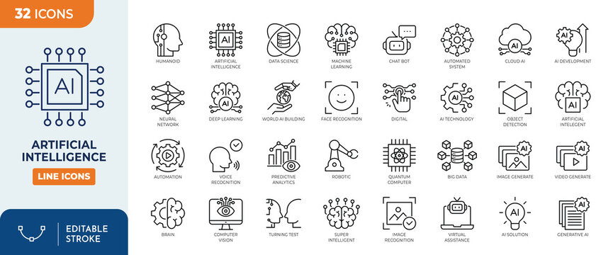 Artificial intelligence icon set. Contain icons related to  AI, machine learning, virtual assistant, generative AI, robotics, data science, technology, and more. Editable stroke. Vector Illustration