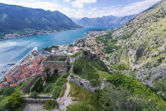 Aerial view from St John Fortess in ancient part of Kotor town, Montenegro