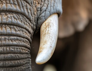 extreme close up of a weathered elephant tusk and textured grey skin, highlighting natural details and organic patterns in sharp focus