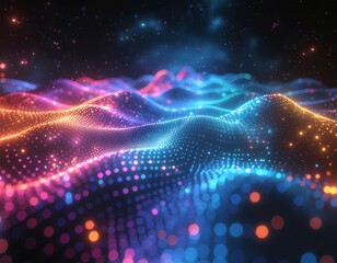 abstract digital wave with glowing particles and colorful light flowing in futuristic technology background