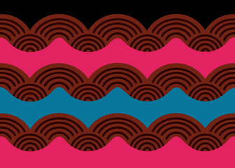 Abstract wavy pattern with brown arches on pink and teal backgrounds in a horizontal layout