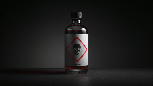 グラデーション背景でドクロマークの薬品瓶を上質に際立たせる表現