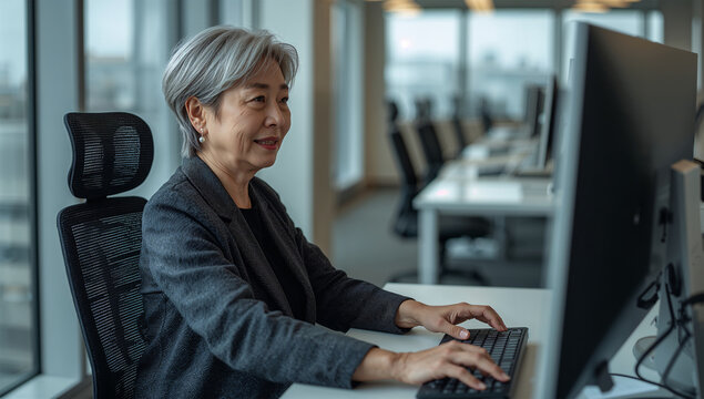 オフィスで日本人シニア女性が成長グラフを確認しながら作業