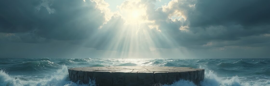 Stone platform floats in rough ocean waves. Dramatic sunbeams break through stormy clouds above seascape. Empty stage area ready for product display or presentation.