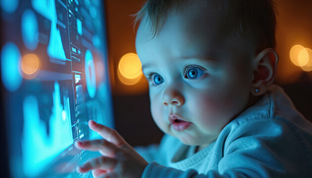 Baby touches glowing screen with charts and graphs. Curious infant explores digital data and information. Early childhood tech engagement concept.