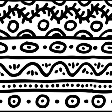 Seamless black and white doodle pattern. Bold hand drawn tribal lines and symbols. Modern monochrome ornamental design. Vector illustration for textile and packaging.