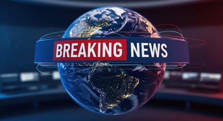Global breaking news banner with digital planet Earth, live television broadcast concept, world news alert graphic for urgent international updates and headlines